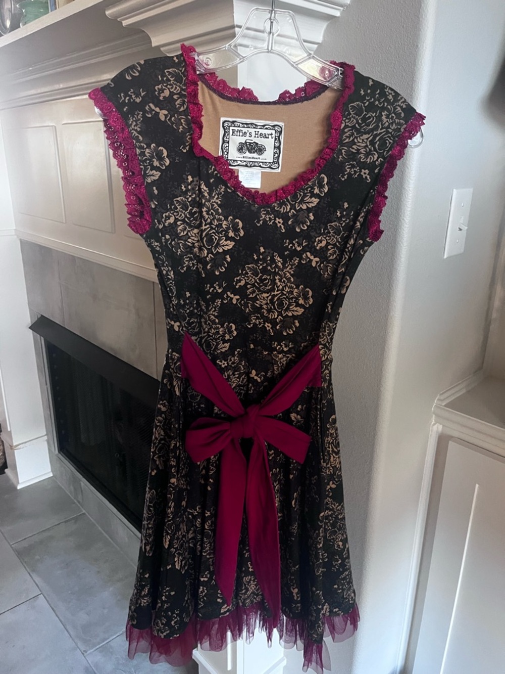 Effie's Heart Black Dress with Deep Magenta Trim and Floral Print